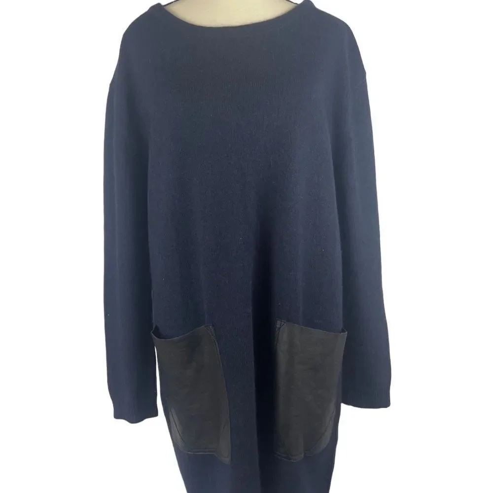 COS oversized navy blue mini dress sweater w black faux leather pockets sz M - Picture 9 of 14